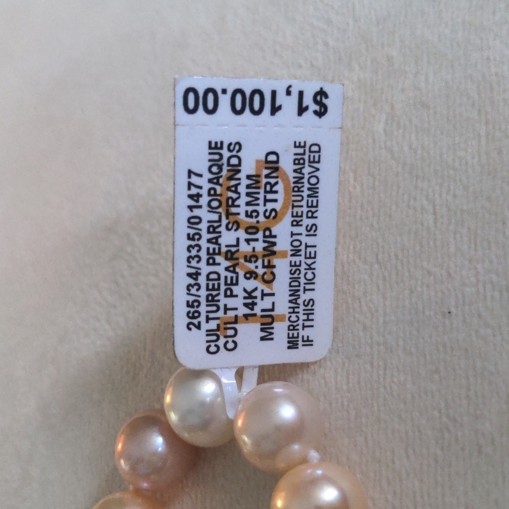 NWT Genuine Pearl Necklace , 14k Gold Clasp, Cream, Pink,  Large 9.5-10.5mm, - Picture 7 of 8